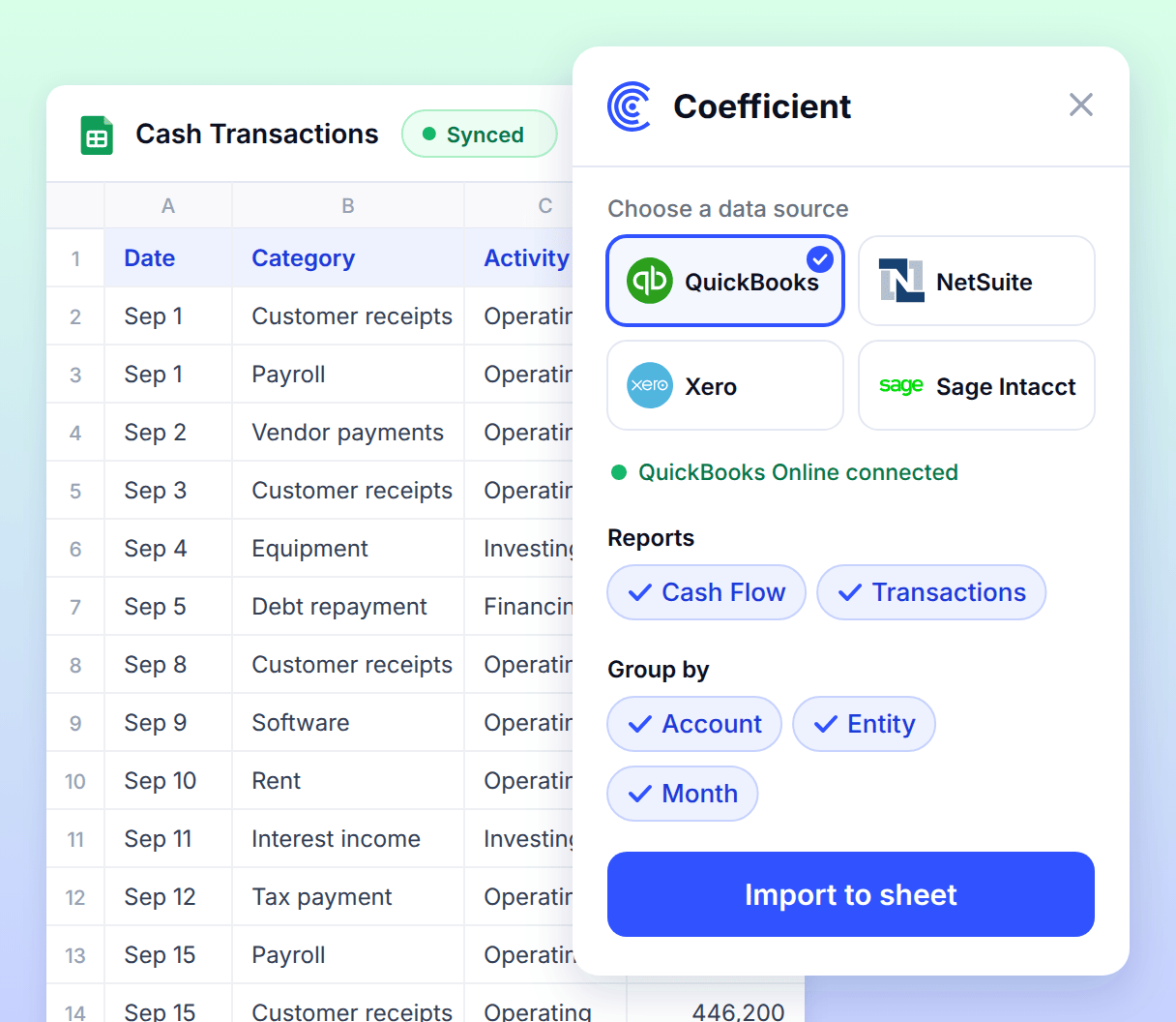 Choose the data source to build your cashflow dashboard using Coefficient.