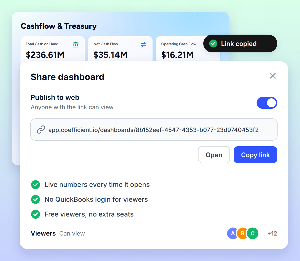 Share QuickBooks and NetSuite Cashflow Dashboards with anyone for free using Coefficient. No viewer licence costs.