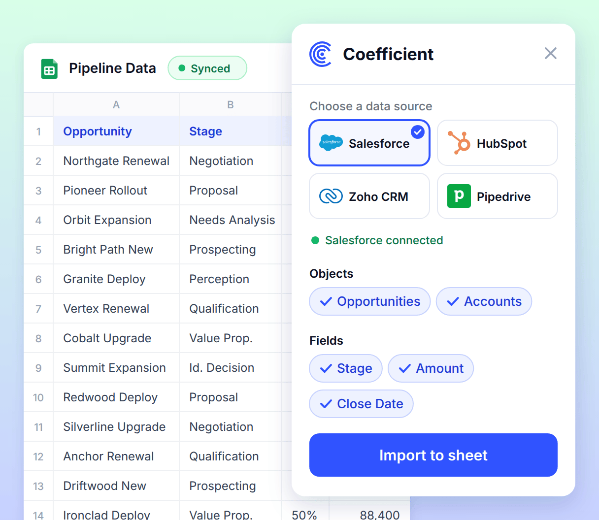 Choose the data source to build your sales pipeline dashboard using Coefficient.