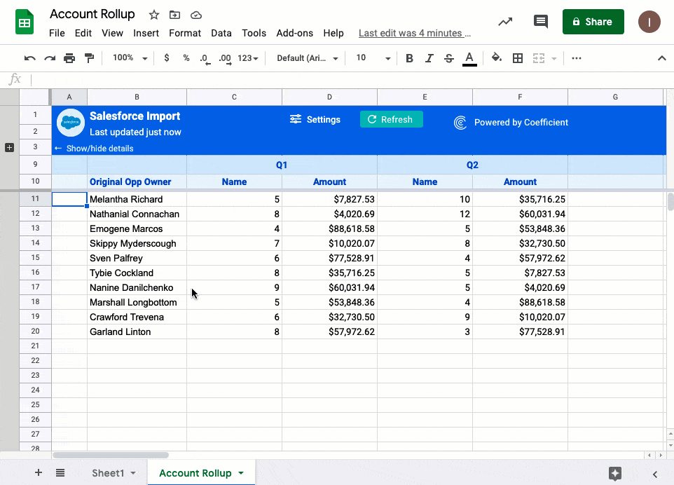 Coefficient powered spreadsheet being refreshed
