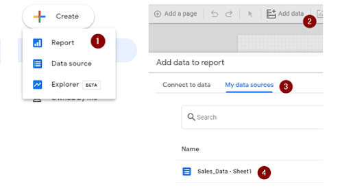 The Add data source and data sources options on Google Data Studio.