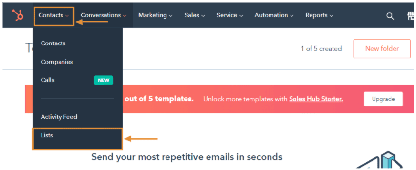 The HubSpot navigation menu on your account’s interface showing Lists from the Contacts dropdown.