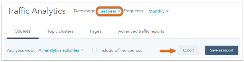  Data range options in the Traffic Analytics page.