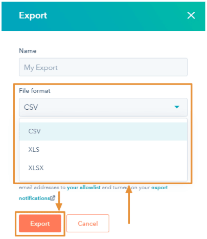 File format options for export.