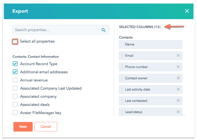 Column selection interface on the Export list