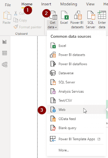 The common data sources on the Power BI interface’s menu. 