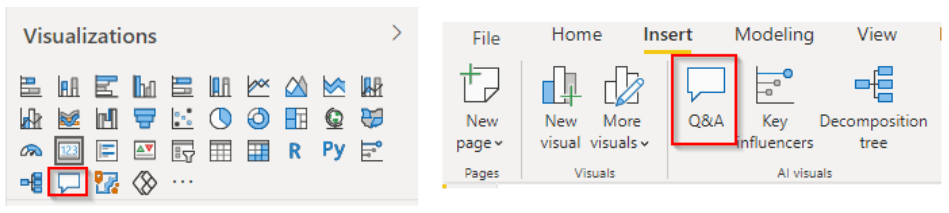 The Q&A option on the Visualizations pane and the Power BI menu.