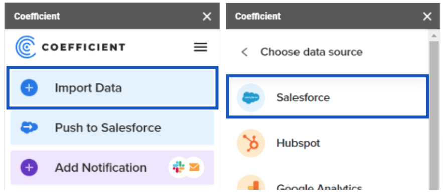 The import data and Salesforce data source options.