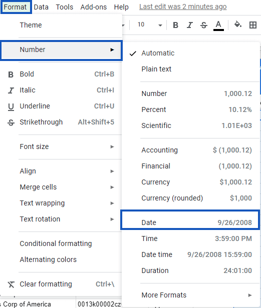 The number and date options under the Format tab. 