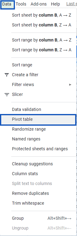 The Data tab dropdown and Pivot table option. 