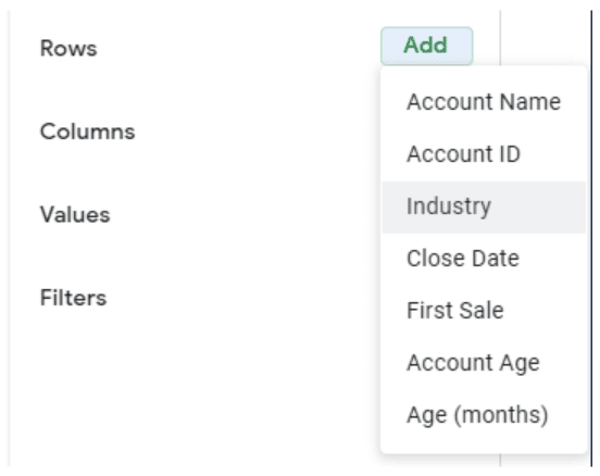 The Add dropdown options beside Rows. 