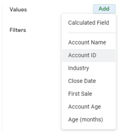 The Add dropdown options beside Values.