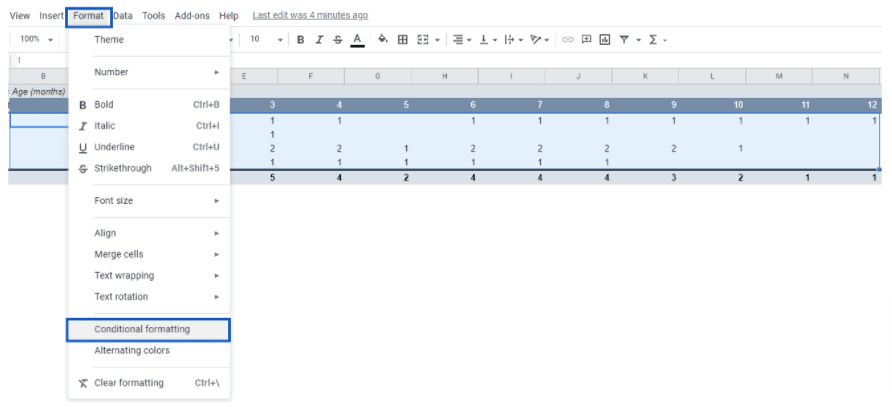The Format dropdown menu and Conditional formatting option. 
