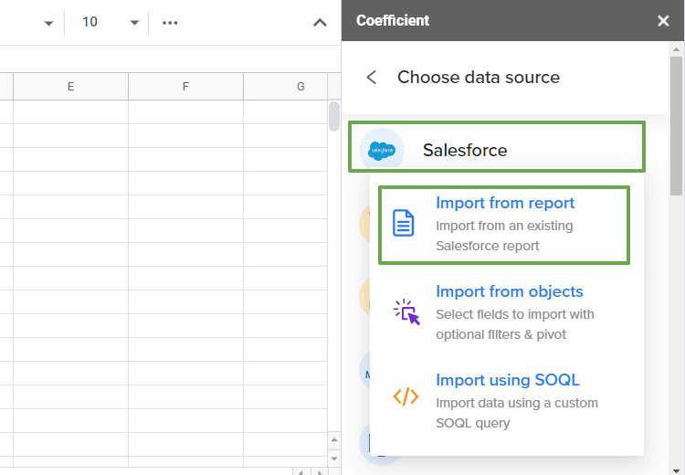 The Salesforce importing options on the Coefficient popup window.