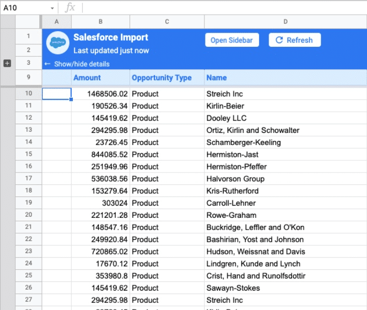 A sample Salesforce data import on Google Sheets.