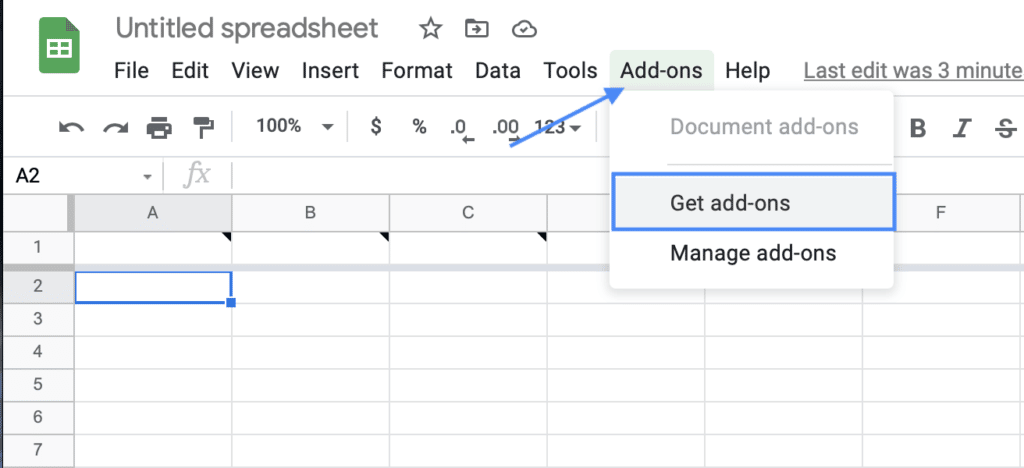 Select Google Sheet 'Get Add-ons" option in a spreadsheet.