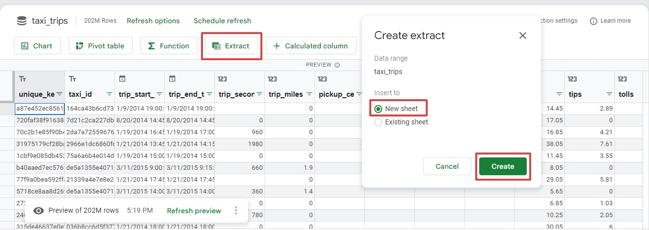 bigquery connected sheets extract 