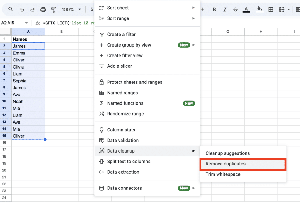 Selecting range and navigating to remove duplicates in google sheets