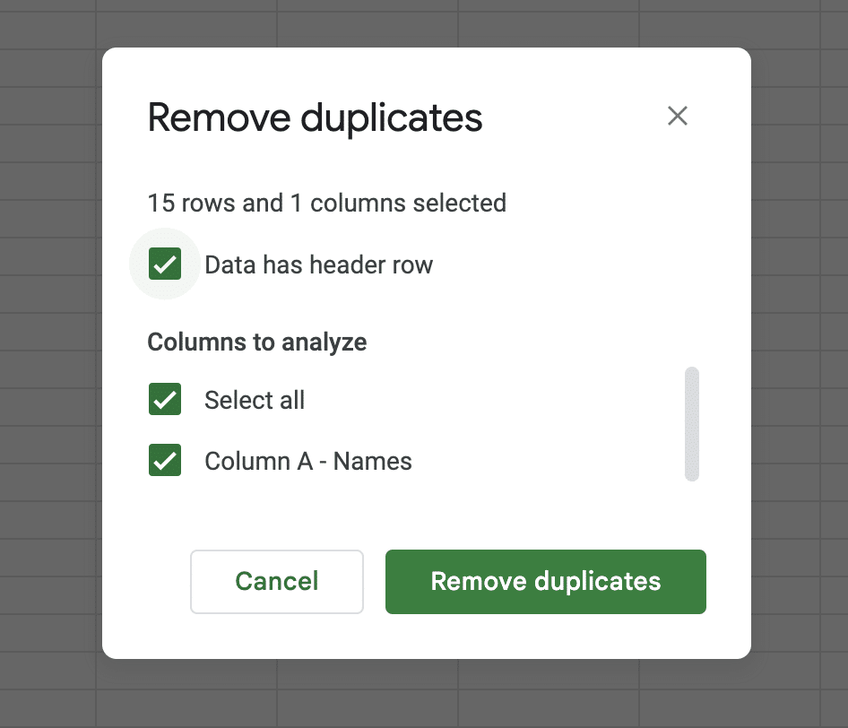 Remove Duplicates popup in Google Sheets