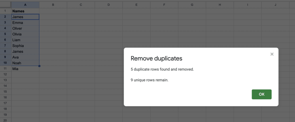 Summary of removing duplicates in Google Sheets.