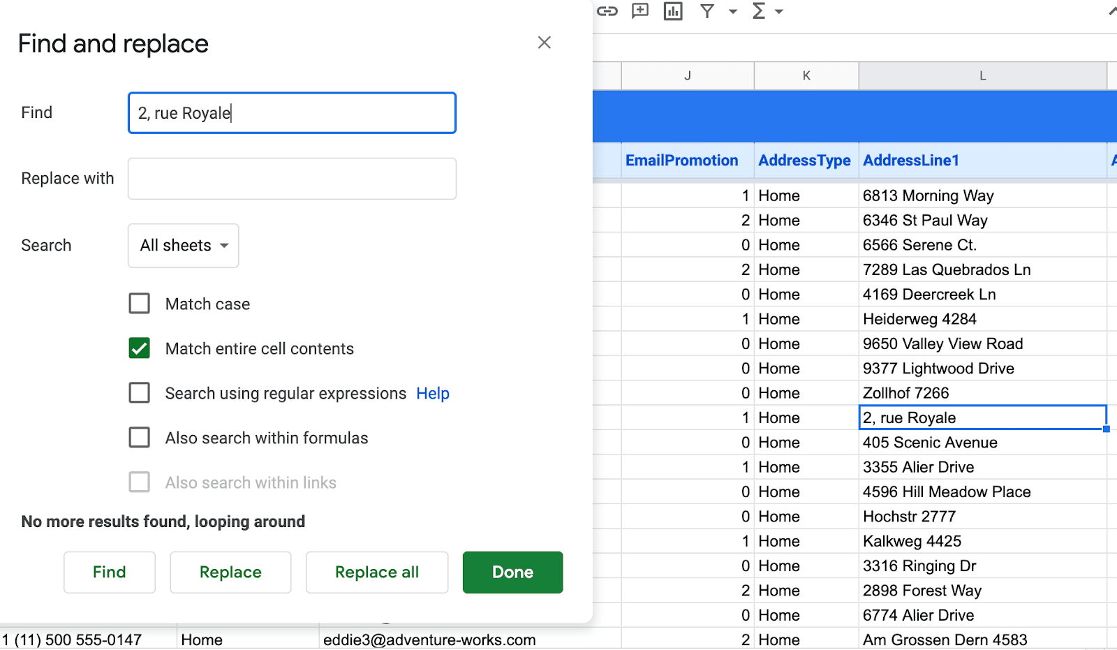 match entire cell contents google sheets