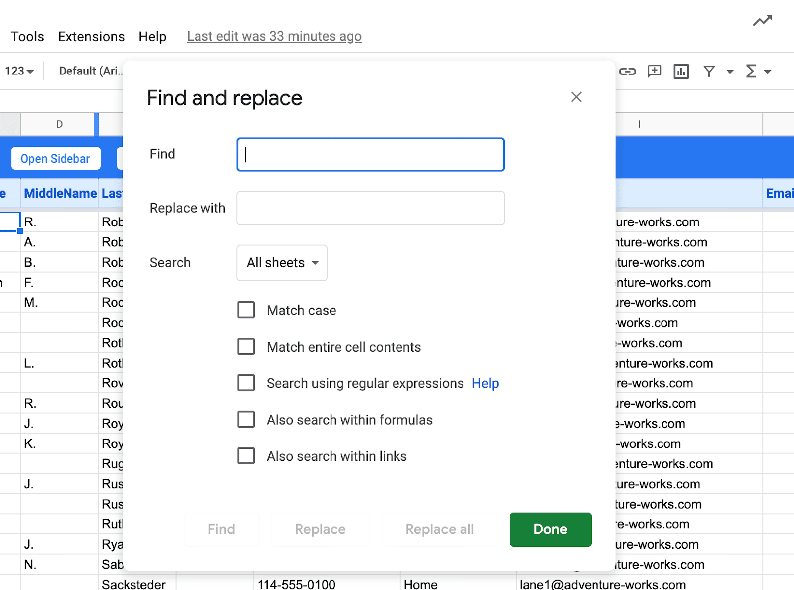 find and replace tool google sheets