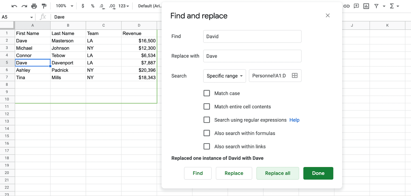 search specific range google sheets