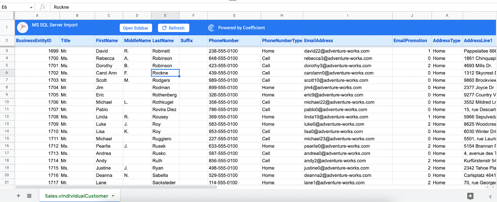 Microsoft SQL Server Google Sheets