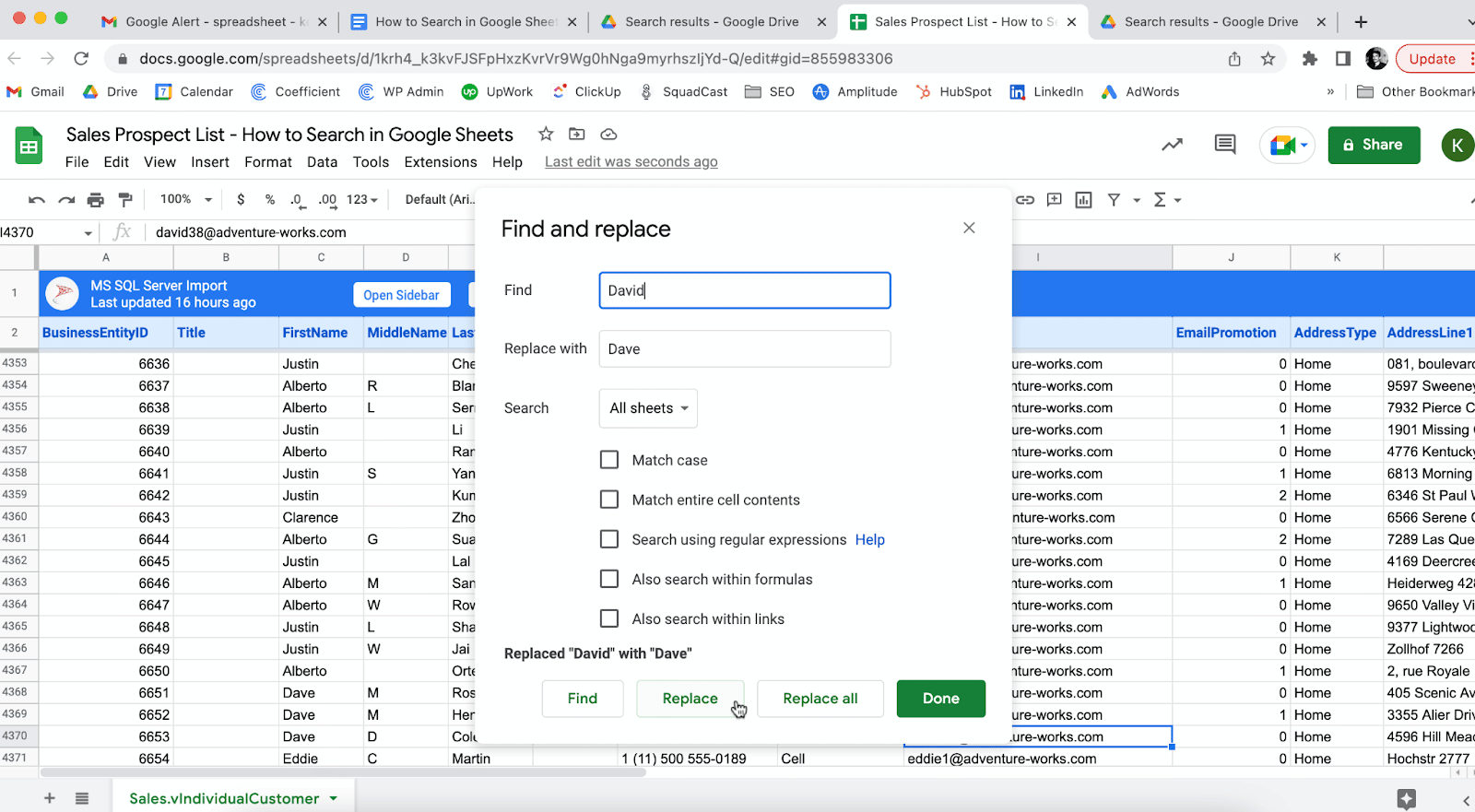 find and replace google sheets