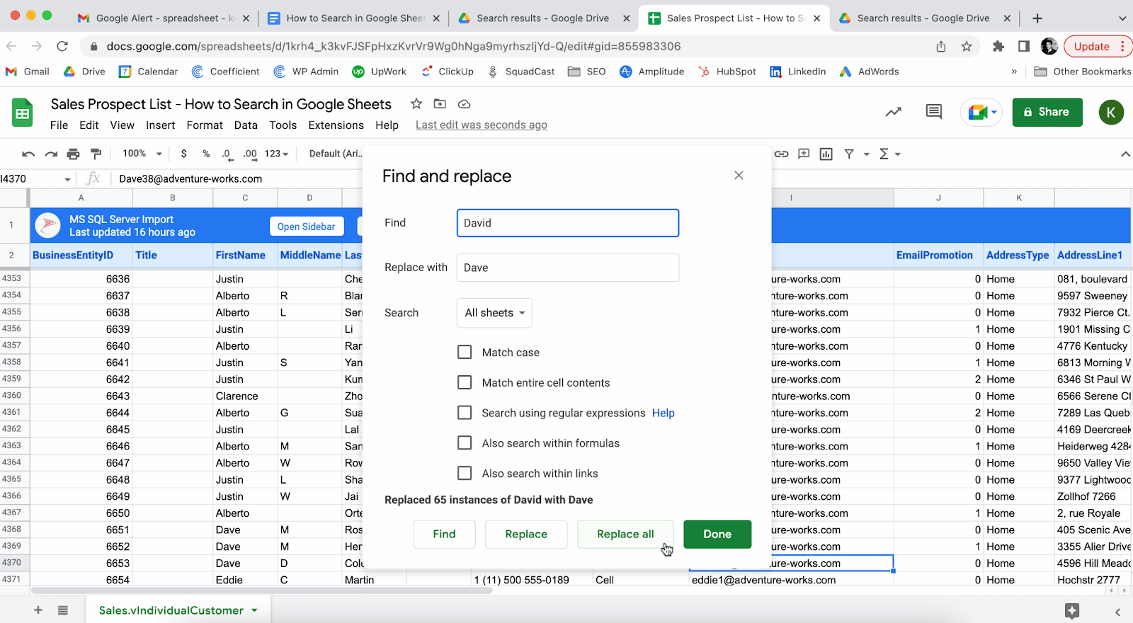 replace all google spreadsheet