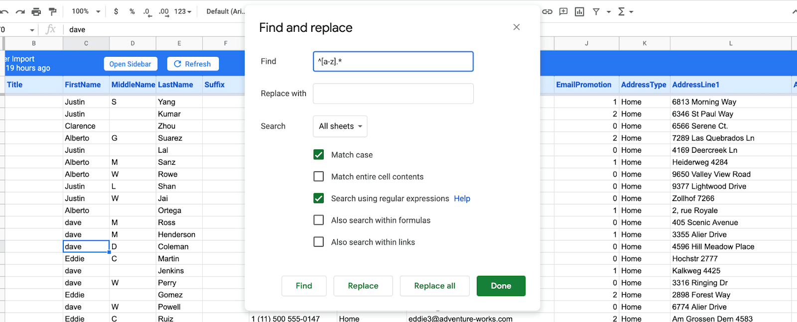 search with regular expressions google sheets