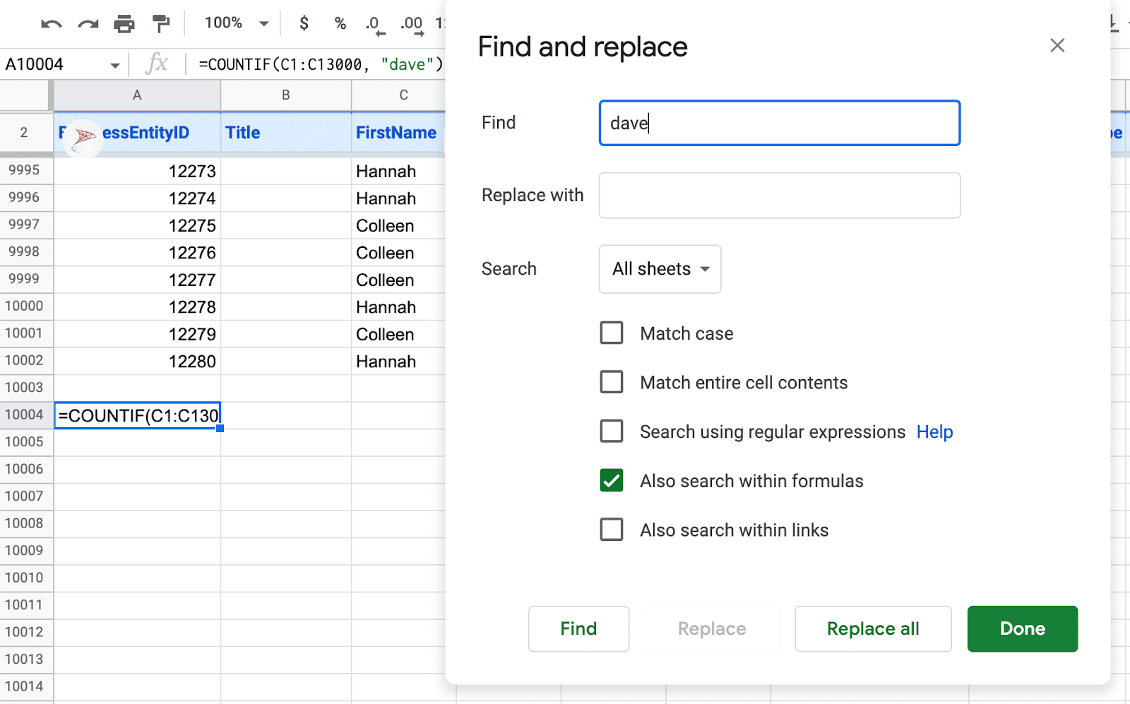 search within formula google sheets