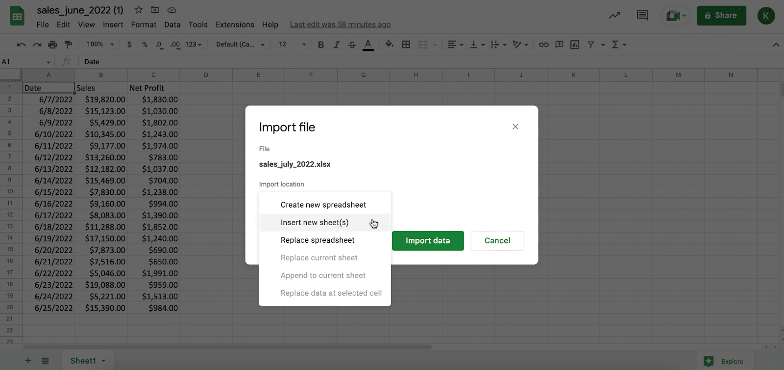 insert spreadsheet google sheets