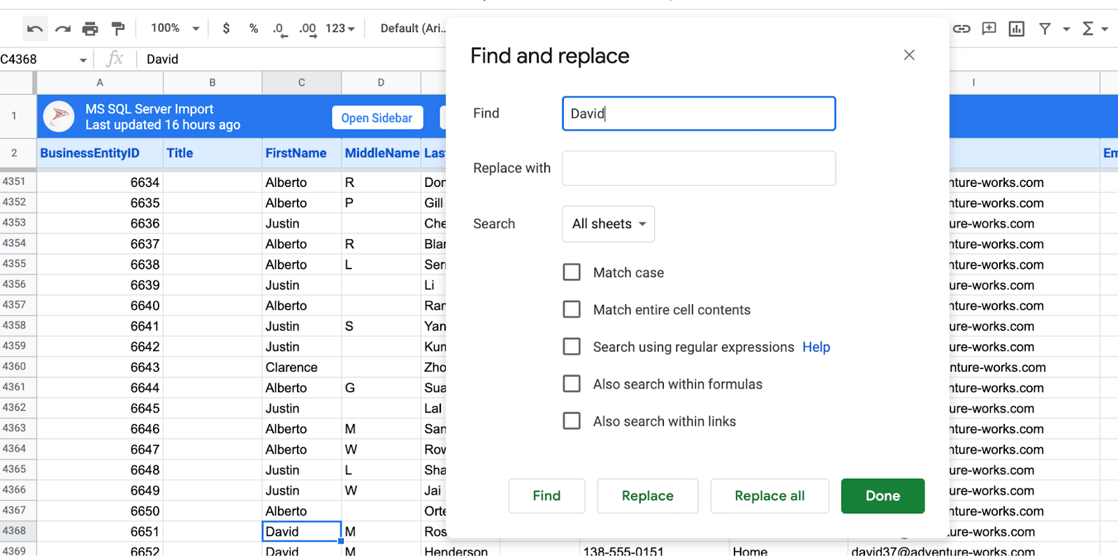 search in google sheets