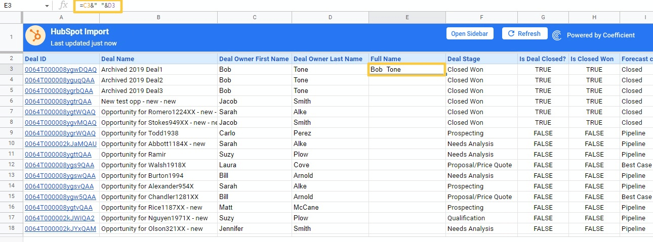 Then type in the formula below to merge the first and last names in cells C3 and D3 in your new cell.