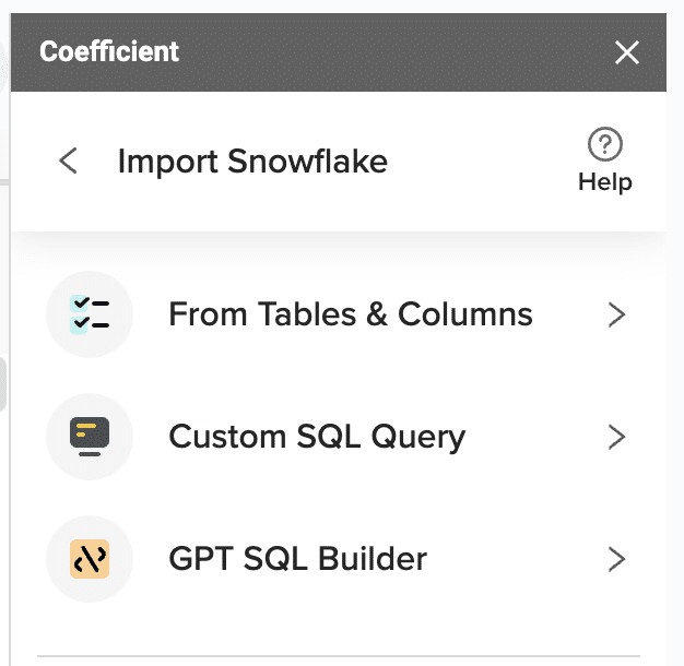 import options snowflake to google sheets tables sql queries