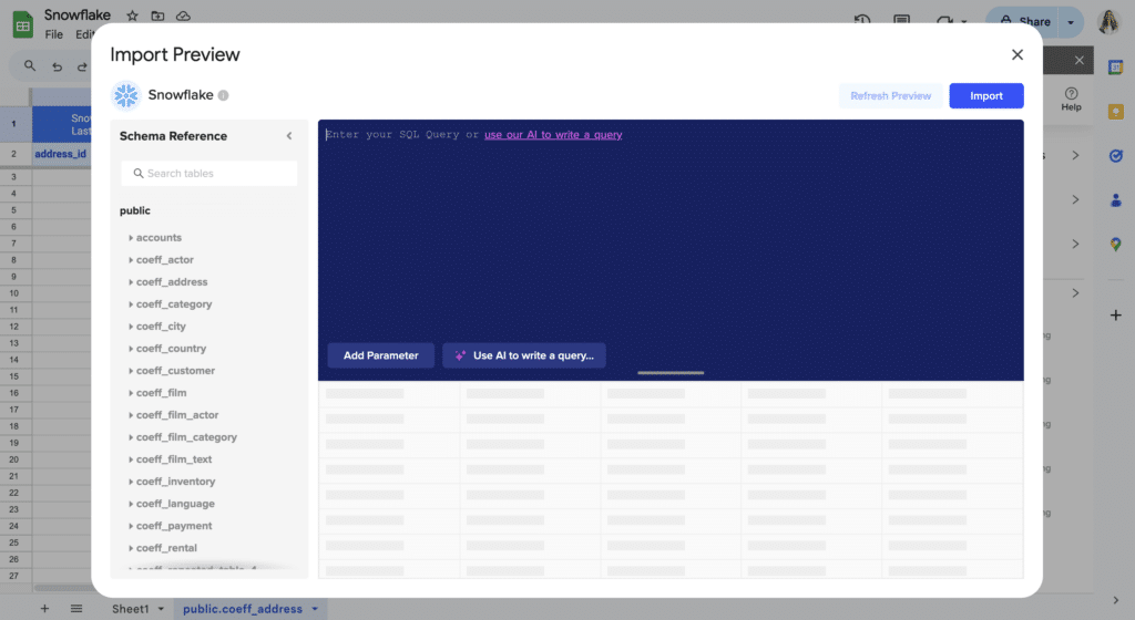 import snowflake via sql query to google sheets with coefficient