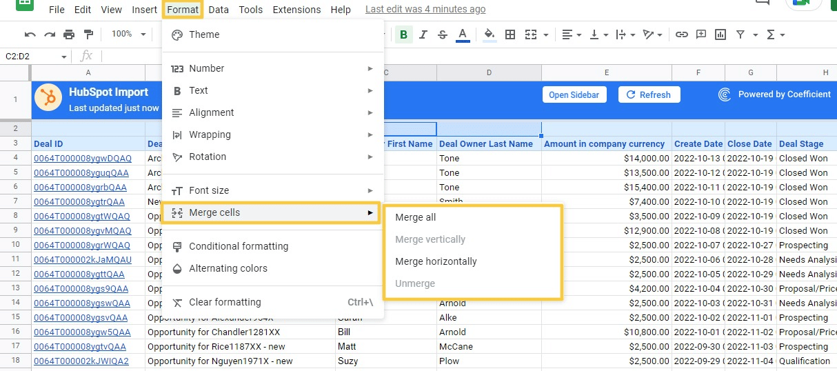 Select merge all in Google Sheets.