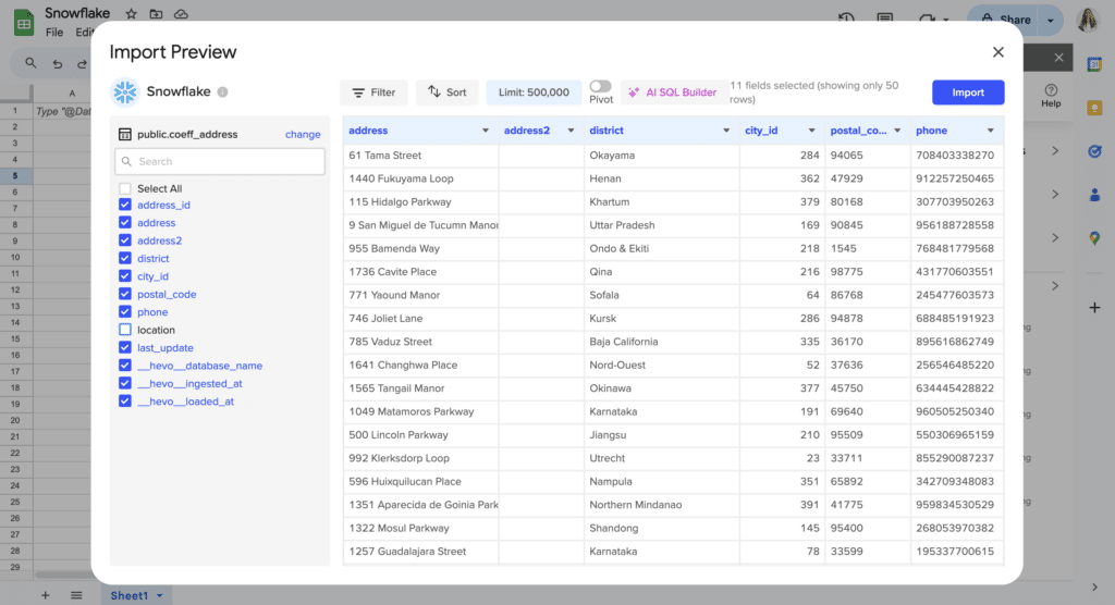 point and click import from snowflake to google sheets