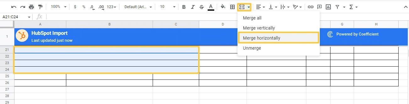 The merge vertically option combines all your selected cells as individual columns.
