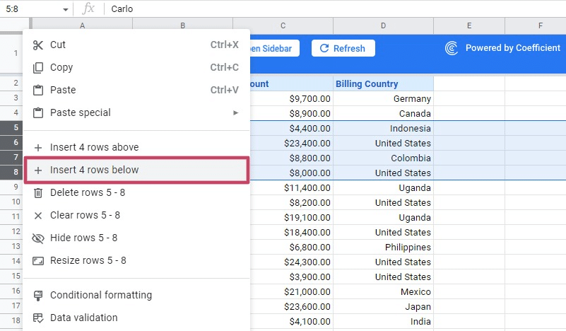 Inserting rows with right click in Google Sheets.