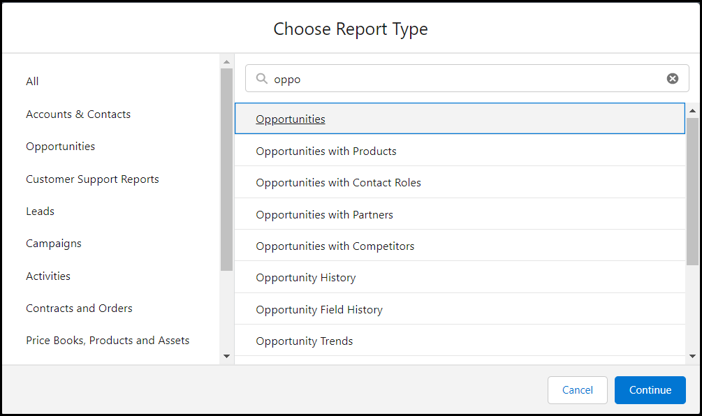 Selecting Report Type in Salesforce Reports