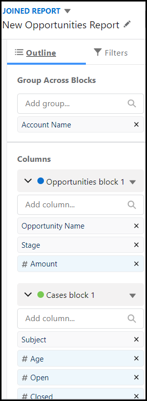 Using Outline Tab to adjust columns in Salesforce Reporting
