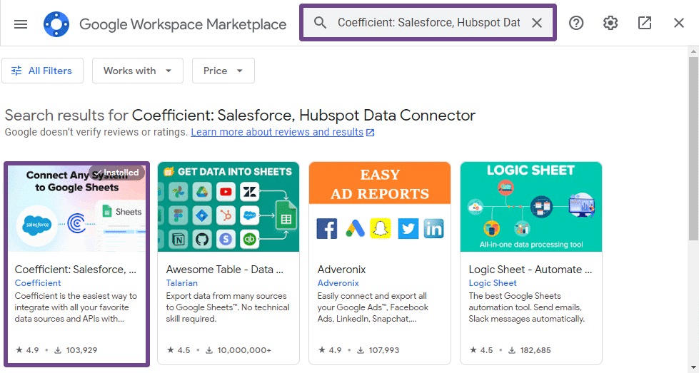 UntitledType “Coefficient” in the search bar and click on “Coefficient: Salesforce, HubSpot data connector.” This should be the first result.