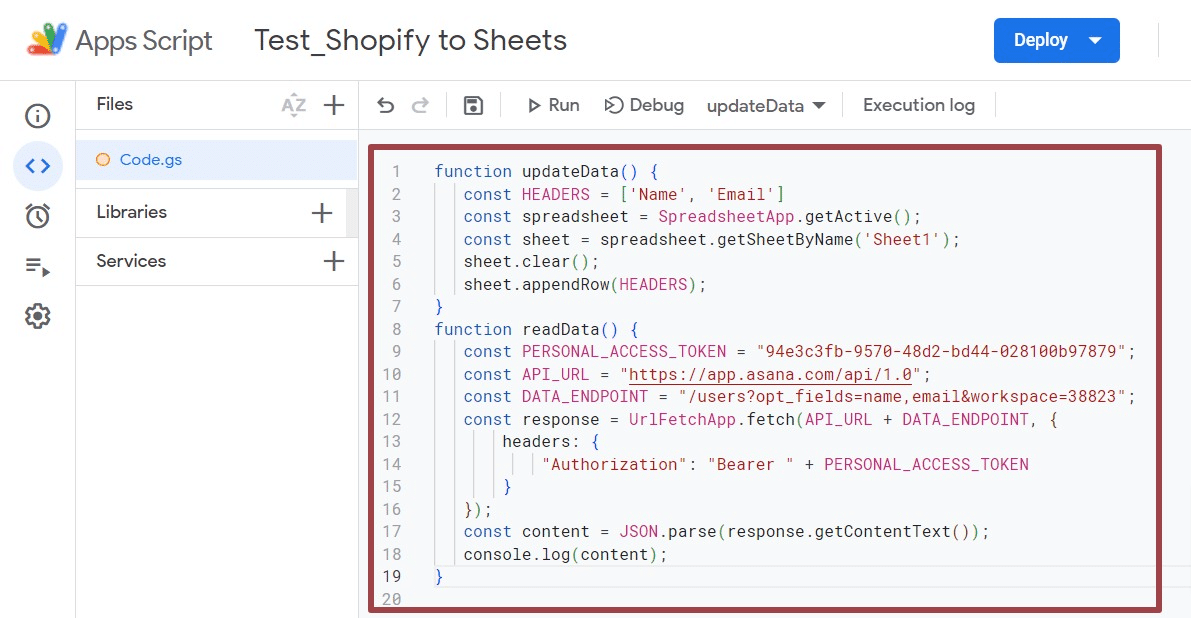 Shopify code Apps Script
