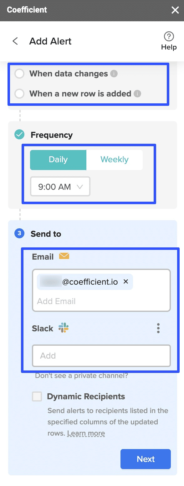 Coefficient allows you to configure email and Slack notifications for your crucial reports and KPIs