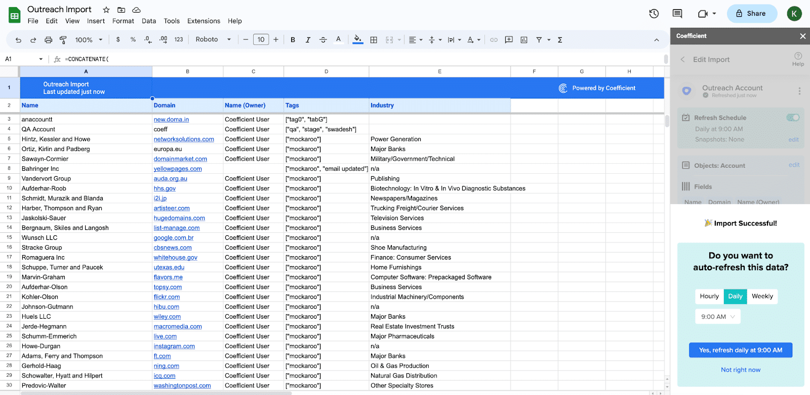 Your Outreach import data should display on your Google spreadsheet almost instantly. 