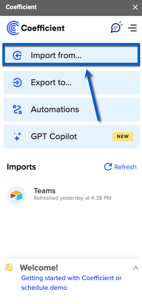Connect Coefficient to Google Search Console by selecting import from