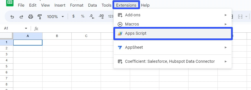 Go to Extensions on the Google Sheets menu and click on Apps Script