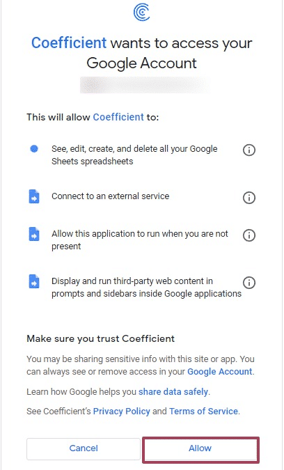 Grant coefficient permission to access your google account